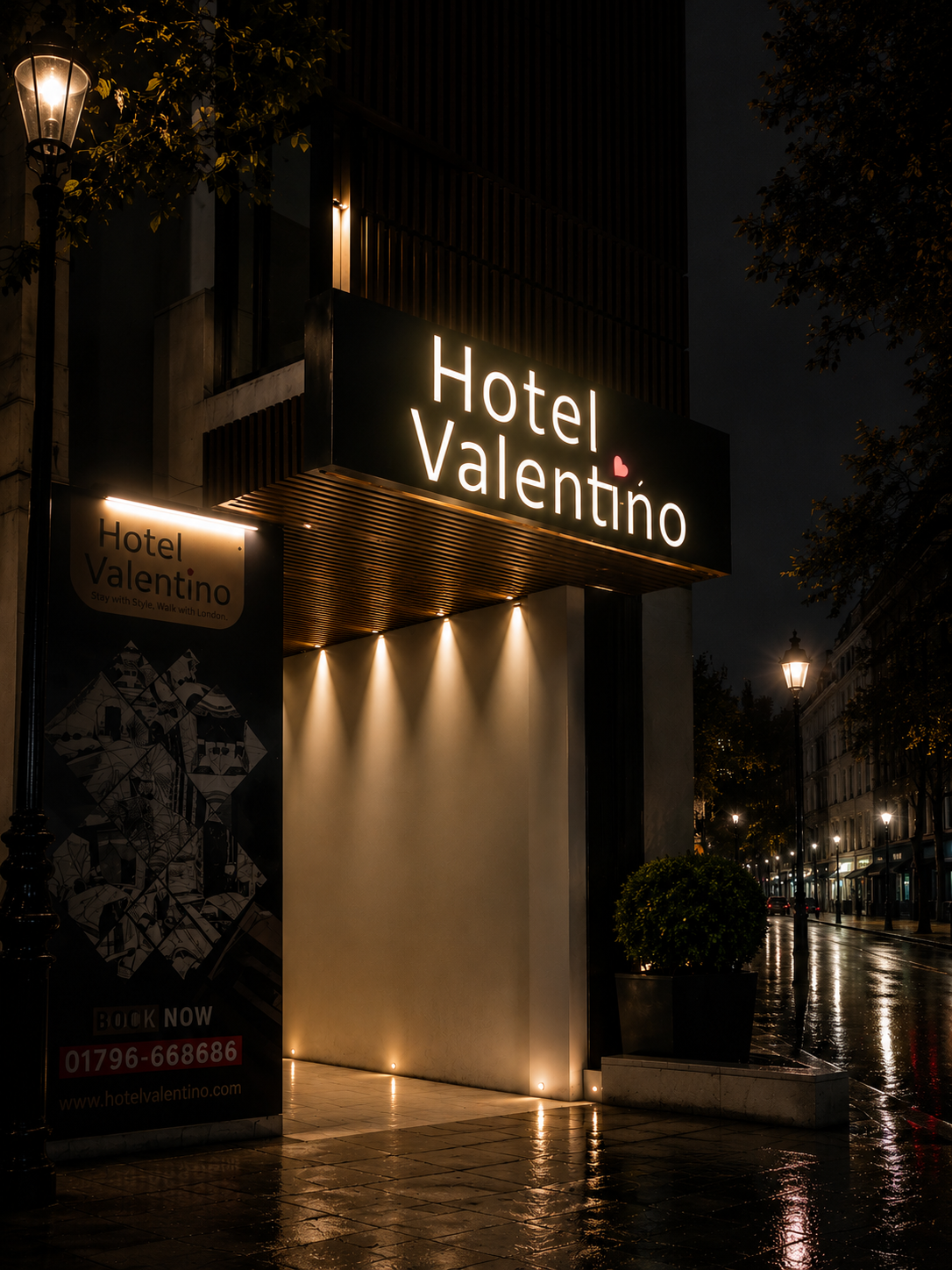 Hotel entrance lit at night, placeholder image