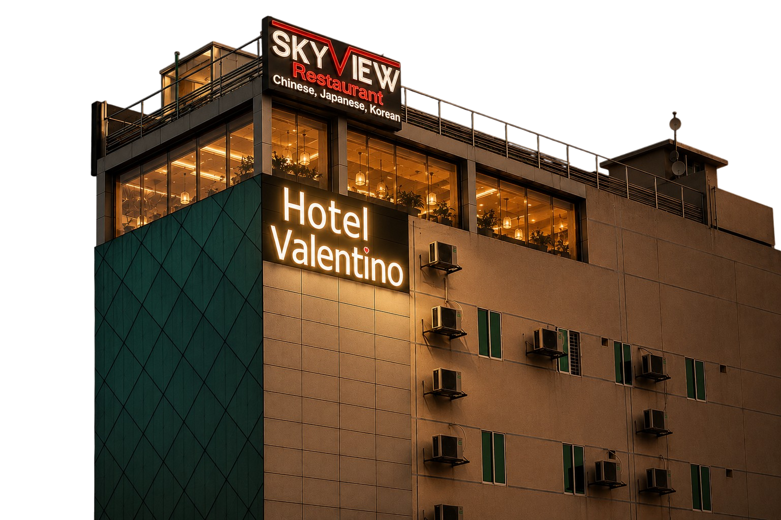 Hotel Valentino at dusk, the lit Sky View restaurant on the roof above the guest floors