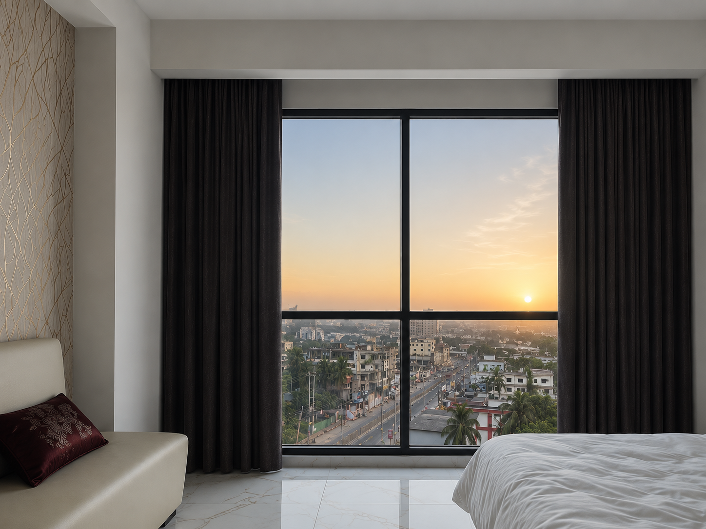 Premium Executive Suite with a floor to ceiling window over the town at sunrise