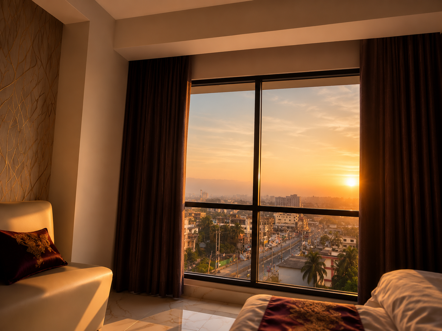 Triple Deluxe room with a full height window facing the sunset over Noakhali