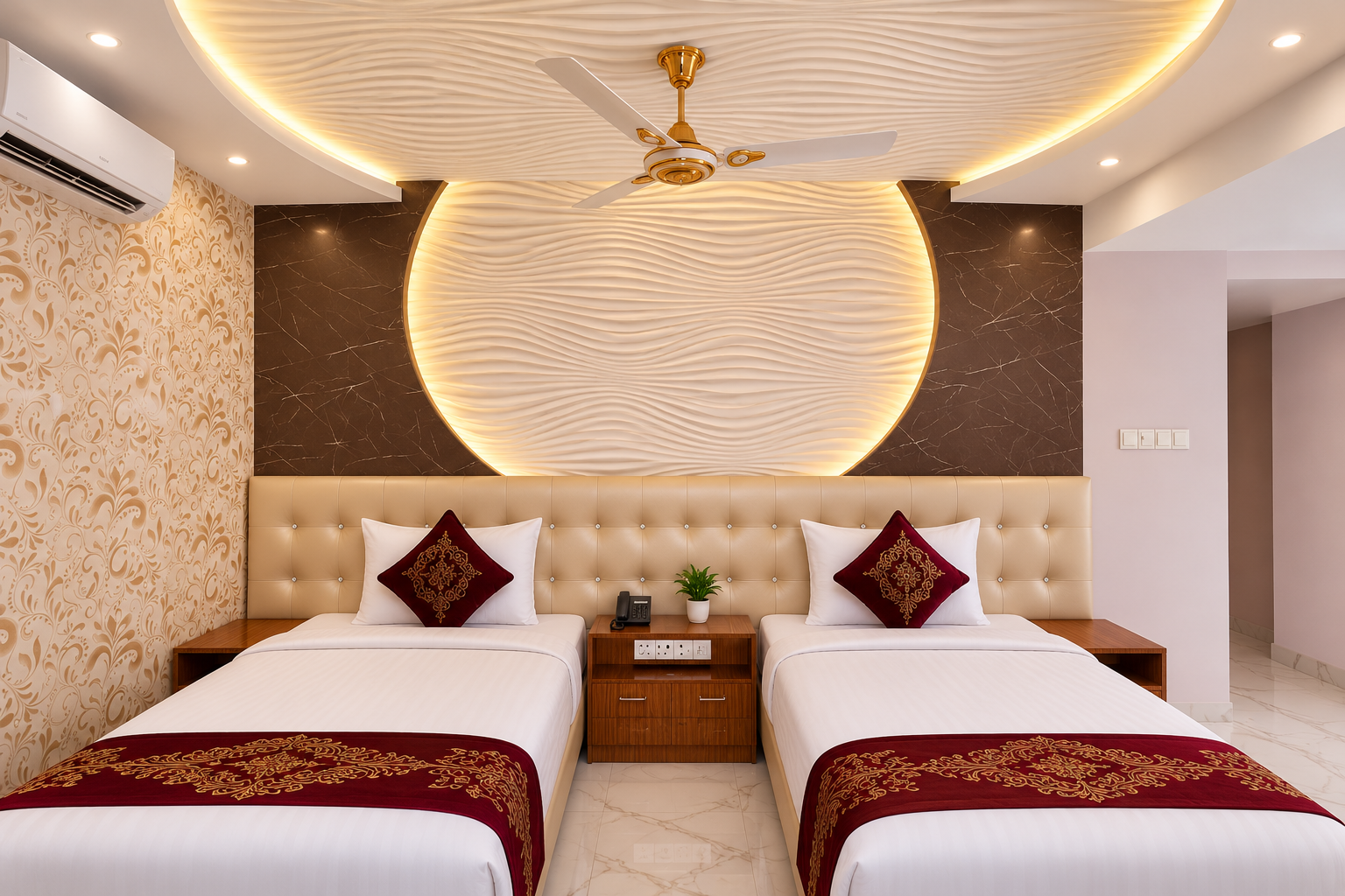 Twin Deluxe room with two single beds and a lit feature wall