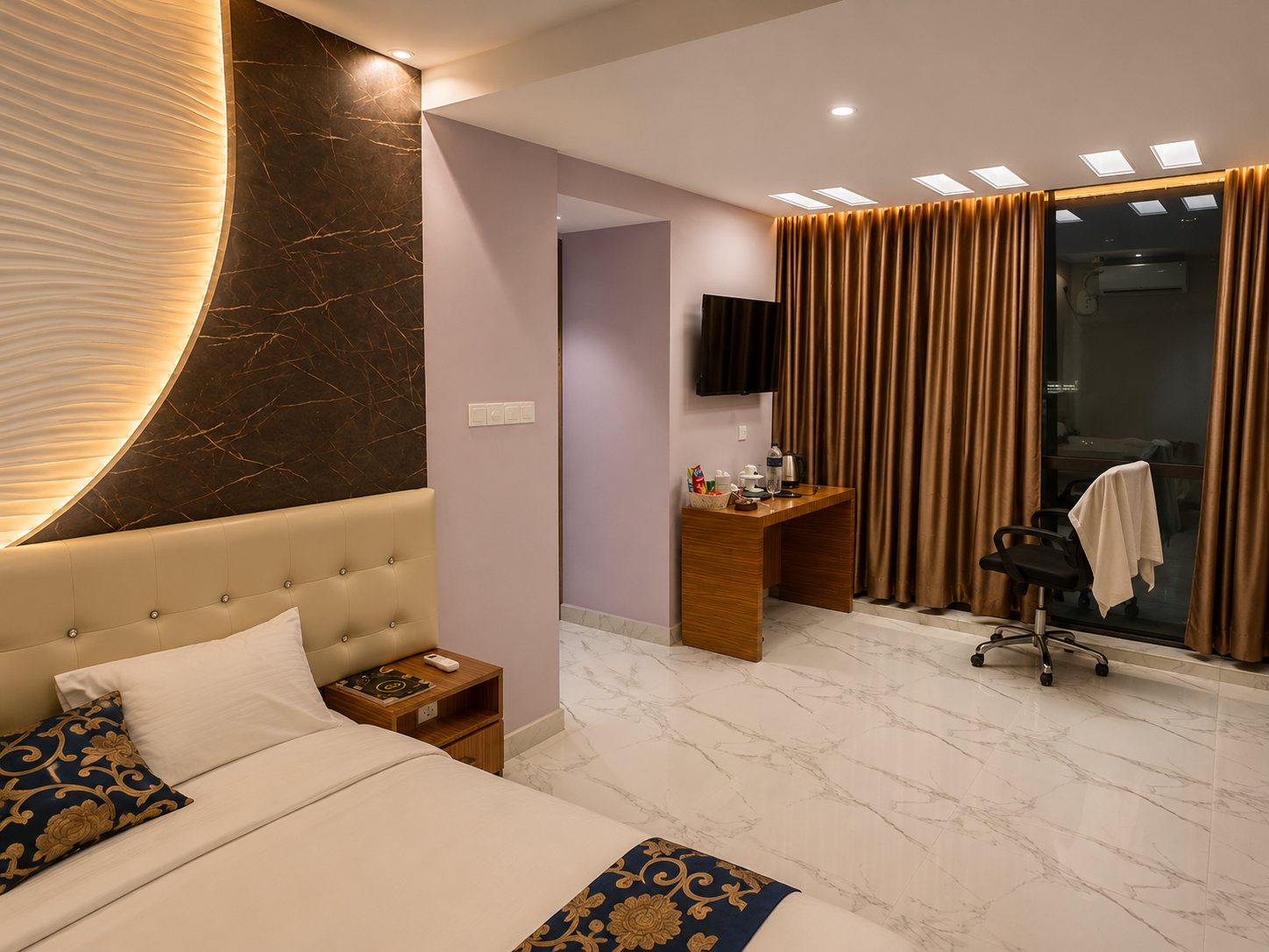 VIP Suite with a marble floor, separate desk area and a wide window